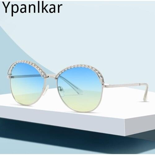Retro Metal Pearl Round Sunglasses Women 2021 Luxury Brand Designer Large Frame Sun Glasses Female Gradient Ocean Lens Shades