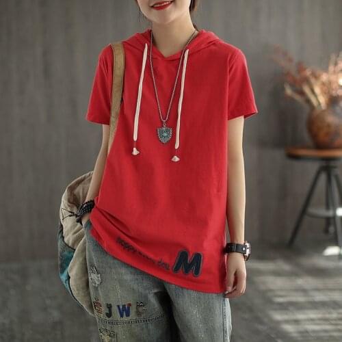 2021 New Summer Korea Fashion Women Short Sleeve Casual T-shirt 100% Cotton Loose Hooded Tee Shirt Femme Tops Plus Size