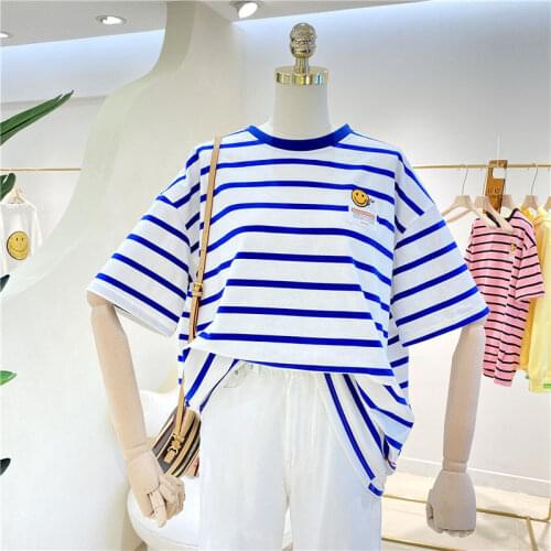 Women Blue Black Striped T-shirt Casual Loose Short Sleeves Tee 2021 Summer Large Size Smiley Face Printed Top