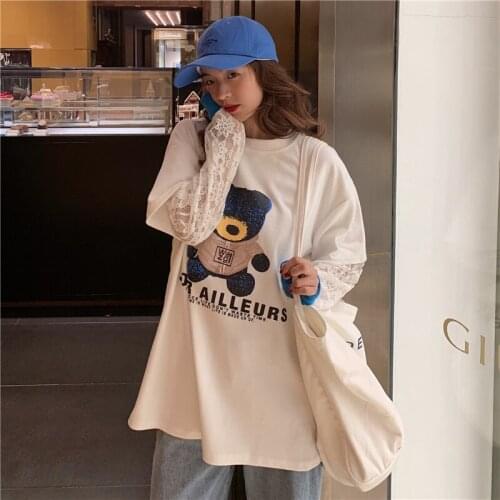 2020 Womens T-shirts Tops Japanese Kawaii Ulzzang Bear Splice Lace Fake Two T-shirts Female Korean Harajuku Clothes For Women