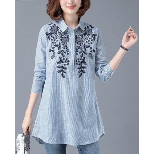 Women Spring Autumn Style Long Blouses Shirts Lady Casual Long Sleeve Embroidery Striped Printed Blusas Tops DF4018
