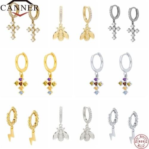 CANNER 925 Sterling Silver Hoop Earrings for Women Zircon Piercing Earring Cross Lightning Insect Earings Jewelry pendientes