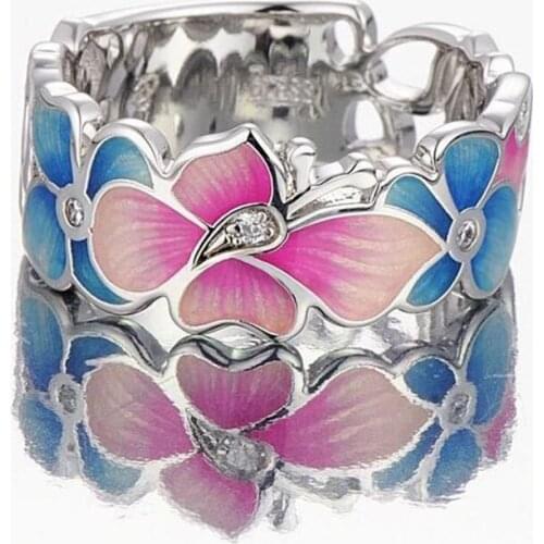 Luxury Rainbow Hollow Floral Ring for Women 2020 Fashion Enamel Jewelry Stainless Steel Rings Charm Butterfly Silver Big Ring