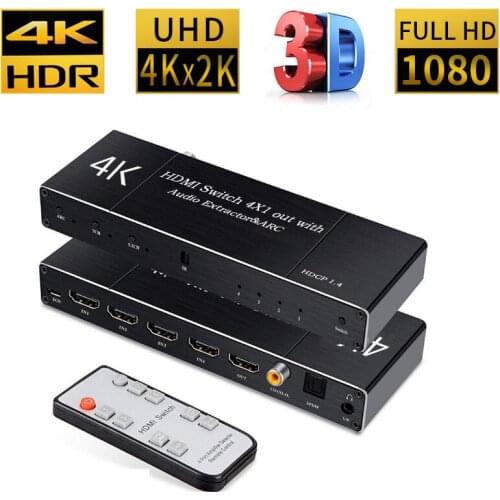 20pcsUHD HDMI 2.0 Switch 4K HDR 4x1 Adapter Switcher with Audio Extractor 3.5 jack optical fiber cable ARC splitter for HDTV PS4