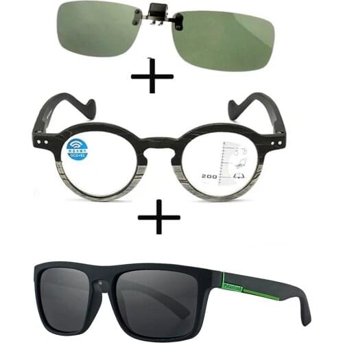 3Pcs!!! Progressive Multifocal Far and Near Reading Glasses for Men Women + Squared Polarized Sunglasses Pilot + Sunglasses Clip