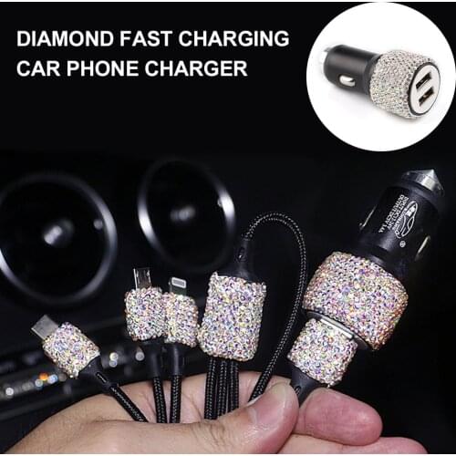 Bling Car Charger 5V 2.1A Dual Port Car USB Adapter Fast Charge with 3 In 1 Charging Cable Rhinestones Car Decoration for Women