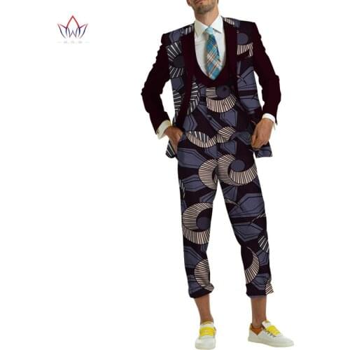 Bintarealwax African 3 pieces Men Sets Dashiki Top and Trouser & Vest Set Bazin Plus Size Traditional African Clothing WYN1154