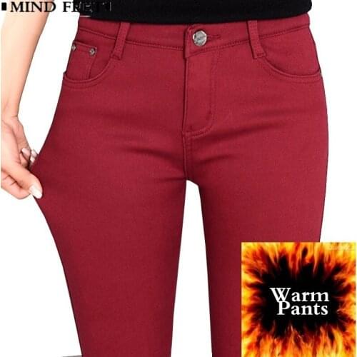 MIND FEET Women Thickening Warm Pants Plus Size Colour Stretch Comfortable Pencil Pants Female Winter Candy Color Slim Trousers