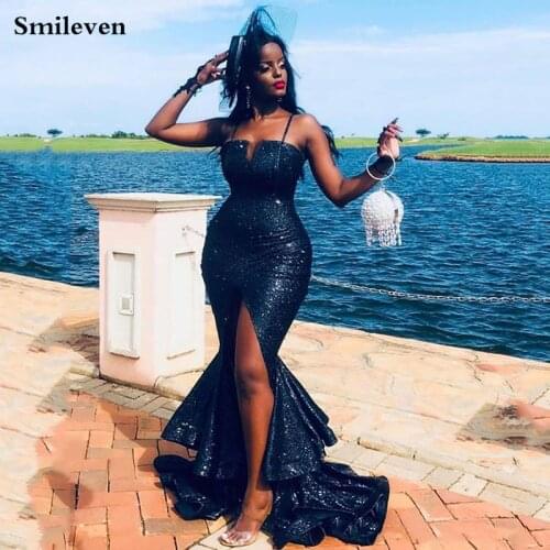 Smileven Black Mermaid Evening Dress arabia Spaghetti Straps Dubai Formal Party Dress Side Split Sequin Prom Party Gowns