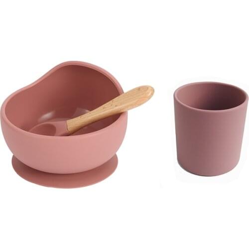 Baby Silicone Dinnerware Silicone Feeding Set Soft Cups BPA Free Wooden Spoon Kids Toddler Suction Bowl Food Grade Tableware