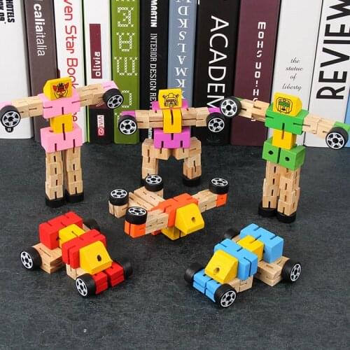 Kids Wooden Educational Toys Building Blocks Car Deformation Robot Assembling Game Creativity Hand-eye Coordination Interactive