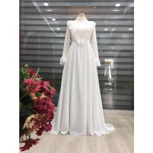 Long Chiffon Appliques Beaded Muslim Prom Dress High Neck Long Sleeves Saudi Arabic Evening Formal Party Gowns Robe Soiree