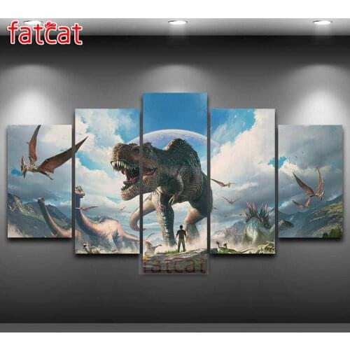 FATCAT The world of dinosaurs 5 Piece Diy Diamond Painting Full Square Round Drill Diamond Embroidery Sale Animals Decor AE2584