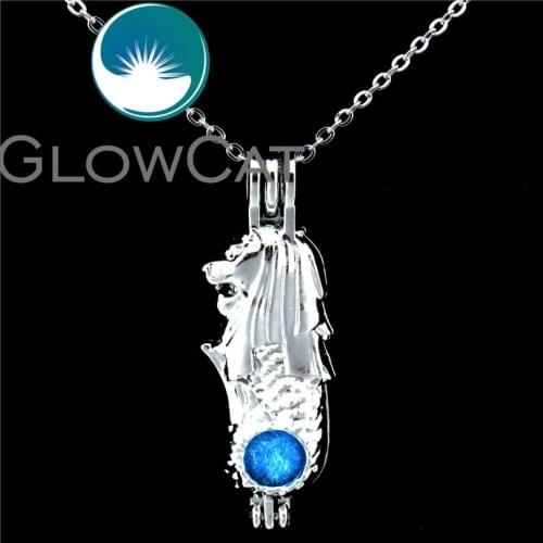 GLOWCAT K506 Creative Lion Mermaid Beads Cage Aromatherapy Essential Oil Diffuser Pearl Cage Locket Necklace Stainless Chains