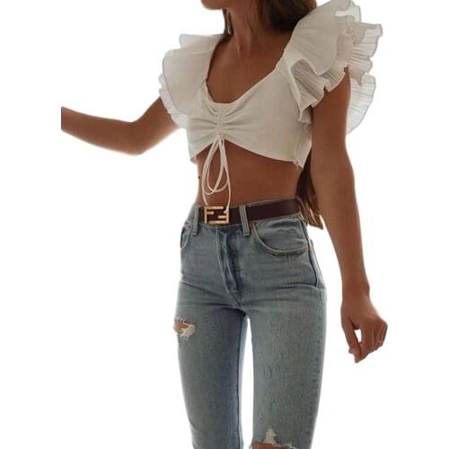 Hirigin New Sexy Ruffles Fly Sleeve Crop Tops for Women Summer Solid Color V-Neck Lace-up Bandeau Tops Chic Female T-Shirt