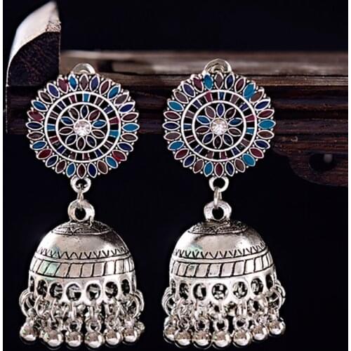 Jhumka Jhumki Earrings Boho Ethnic Essential Oils Sliver Color Big Bells Drop Dangle Earrings For Women Indian Gypsy Jewelry