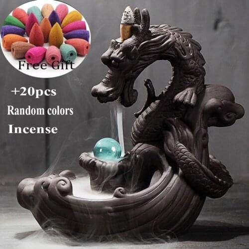 Zen Ceramic Reflux Incense Burner Creative Home Decoration Dragon Incense Burner with Crystal Ball 20 Incense Cones