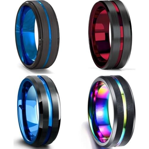 NEW Fashion 8MM Mens Tungsten Carbide Ring Colorful Groove Beveled Edge Wedding Engagement Anniversary Ring Jewelry For Men