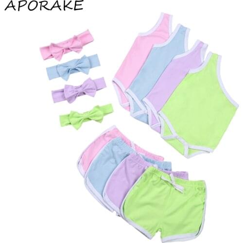 2021 0-18M Summer Baby Girl Clothing One Shoulder Romper Top+Drawstring Shorts+Headband Fashion Light Color 3pcs Outfits Set