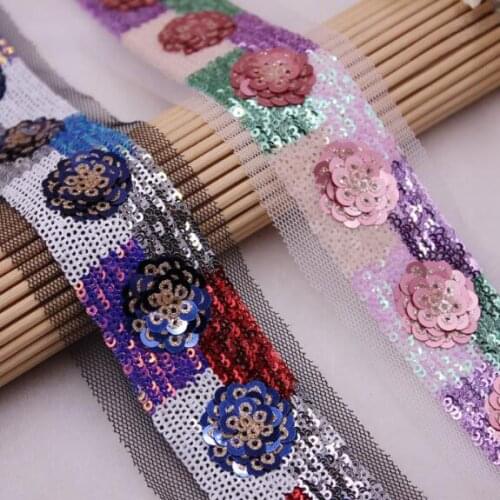 14Yards DIY Colorful Sequined Ribbon Trim Fabric Headdress Craft Decoration Sewing Supplies Paillette Flower Lace Accessories