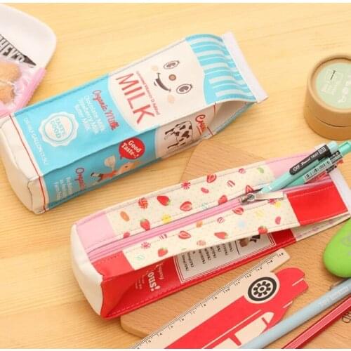 Kawaii Milk Pencil Cases PU Leather Pen Case Bags Waterproof Pencil Box Pencilcase For Girls Korean Stationery School Supplies