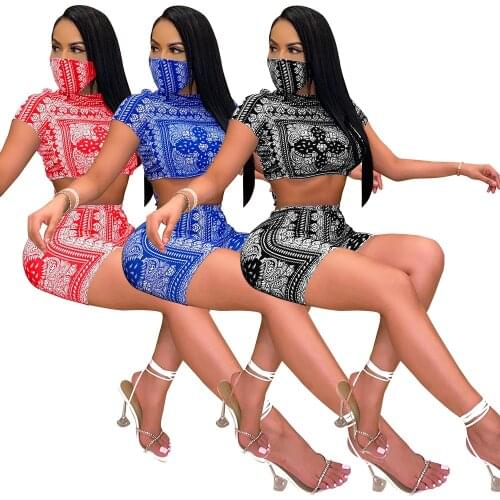 Fashion Bandana Print Tracksuit Women Casual Short Sleeve Tie Back Lace Up Crop Top + Jogger Shorts 2 pieces set Sport Outfits