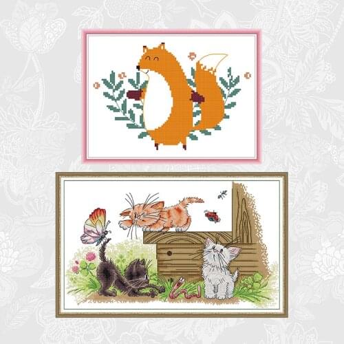 Fox and Three Cats Counted Printed Cross Stitch Kits Sale, DIY Embroidery Needlework Set, Home Decoration Send Accessory Tools