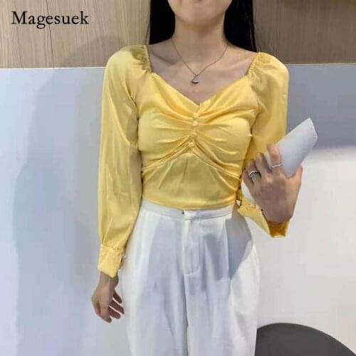 2021 Spring New Solid Shirt for Women Off Shoulder Sexy Bubble Sleeve Fairy Tops Sweet Casual Slim Long Sleeve Shirt Blusa 15611