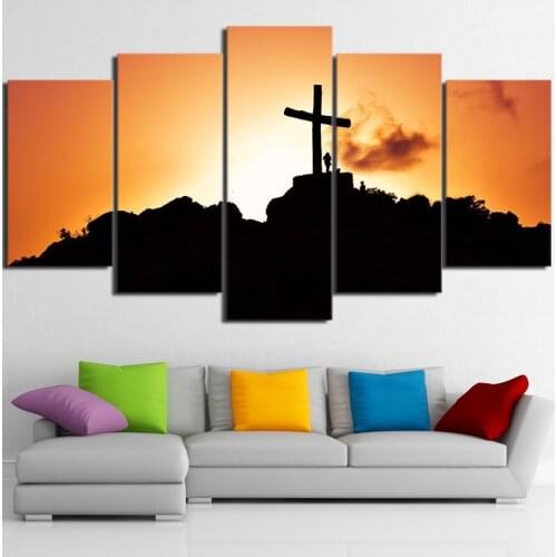 Frame Home Decor Living Room Wall Pictures 5 Piece/Pcs Cross On The Hill Sunset Art Painting Modular Printed Canvas Poster