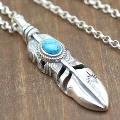 S925 Sterling Silver Inlay Blue Turquoise Necklace Wild Pendant Retro Thai Silver Male And Female Models Feather Pendant