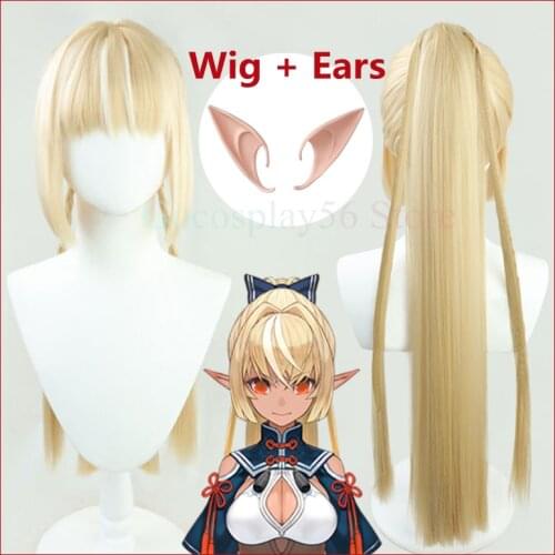 VTuber Shiranui Flare Wig Ears Hololive Youtuber Girls Normal Cosplay Blonde Long Straight Ponytail Heat Resistant Hair