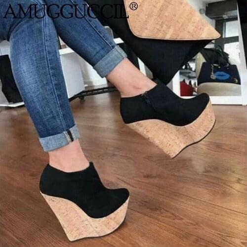 2020 New Arrival Plus Big Size 35-48 Black Zip Fashion High Heel Platform Girls Females Lady Wedge Shoes Women Pumps D1368