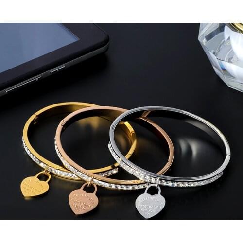 CZ Crystal Bracelets & Bangles Rose Gold Color Heart Open Cuff Bangles Femme Bracelets for Women Lovers Wedding Luxury Jewelry