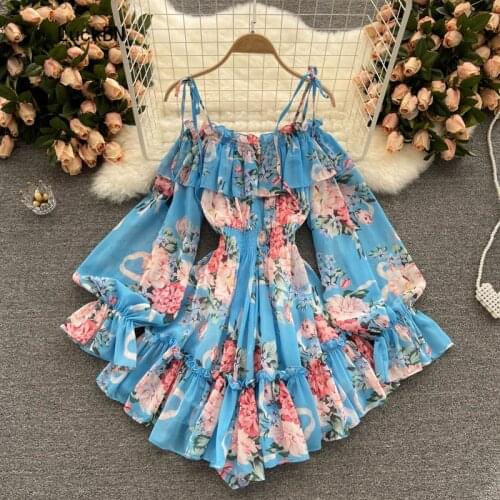 Holiday Jumpsuit Women Rompers Fashion Clothes Boho Floral Print Playsuit Sexy Slash Collar Off Shoulder Romper Chiffon Outfits