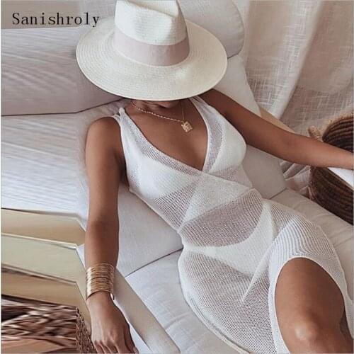 2021 Summer Hollow Out Crochet Beach Maxi Dress For Women Sexy Plunge Backless Bandage Lady Sleeveless Lacing Split Long Dresses