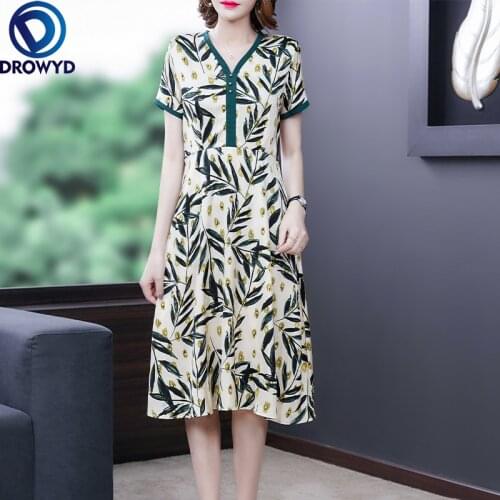 Summer 2021 Casual V-neck Midi Dress Vintage Elegant Print Chiffon Dress Holiday Short-sleeved Robe Femme Elegant Party Vestidos