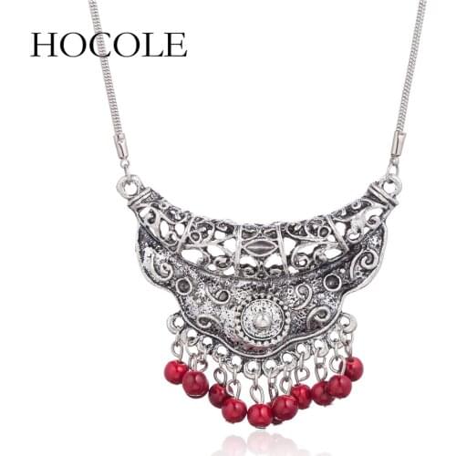 HOCOLE Vintage Ethnic Tibetan Silver Necklace Jewelry Carved Hollow Charm Pendants Necklaces For Women Statement Maxi Necklaces