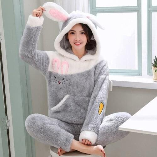 2020 Winter Women Pyjamas Sets Sleepwear Suit Thick Warm Coral Flannel Nightwear Femme Cartoon Pijama Mujer Cute Rabbit Pajamas