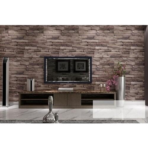 2 pcs 3D Wood Blocks Effect Brown Stone Brick 10M Vinyl Wallpaper Roll Living Room Background Wall Decor Art Wall Paper