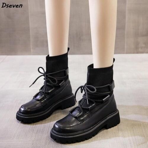 Platform Martin Boots 2021 New Spring and Autumn Womens Boots Fashion Black Socks Boots Ladies Leather Ankle Boots