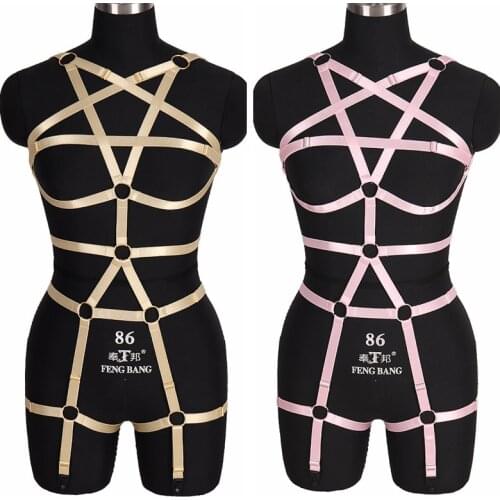 Strappy Full Body Harness Bra Pentagram Pink Goth Punk Cage Suspender Stockings Women Sexy Lingerie Belt Plus Size Festival Rave