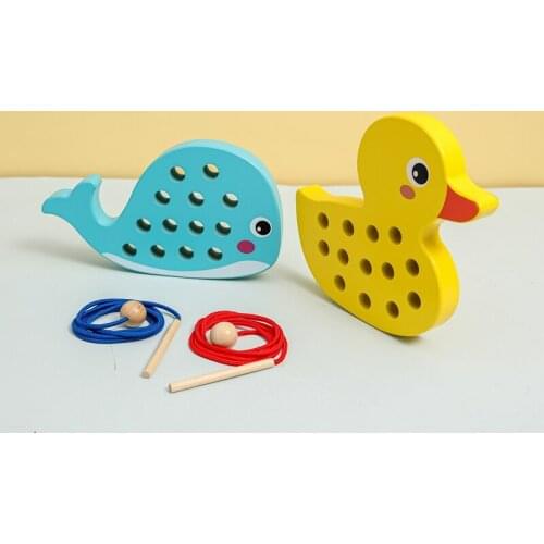 Baby Wooden Montessori Puzzle DIY Handmade Wear Whale Duck Stitching Button Beads Lacing Threading Board Toys For Kids Product