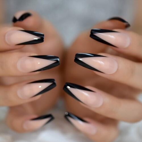 Long Fake Nails With Glue Nude Color Black Border Coffin Shape Artificial Nail Tips With Adhesive Tabs