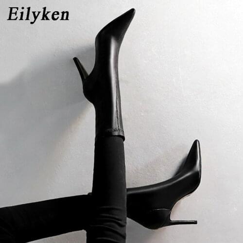 Eilyken Winter Warm Short Plush Ankle Boots High Quality Pu Leather Sexy Slim Design Thin High Heels Pointed Toe Women Shoes