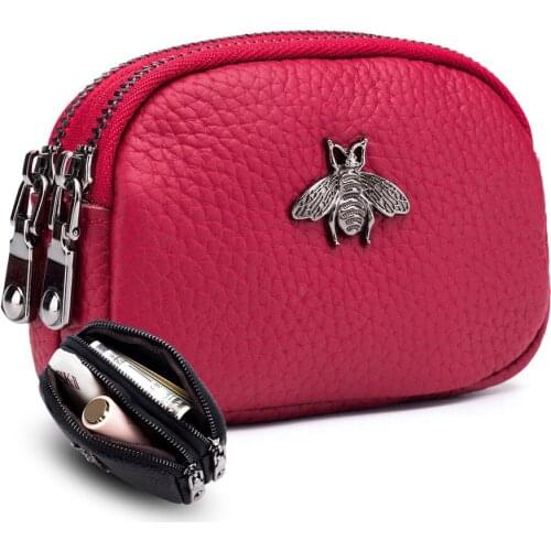 Genuine Leather Coin Purses Casual Double Zipper Mini Wallets 100%Cowhide Leather Women Coin Pouch Small Money Bag Key Purse Men
