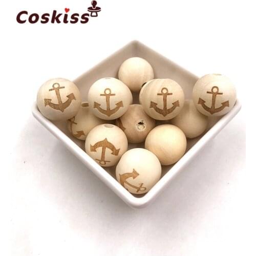 Round Necklace Printed Wooden Beads Anchor Pentagram Crown Pattern Unfinished Baby Teether Wooden Elephant Teething Beads