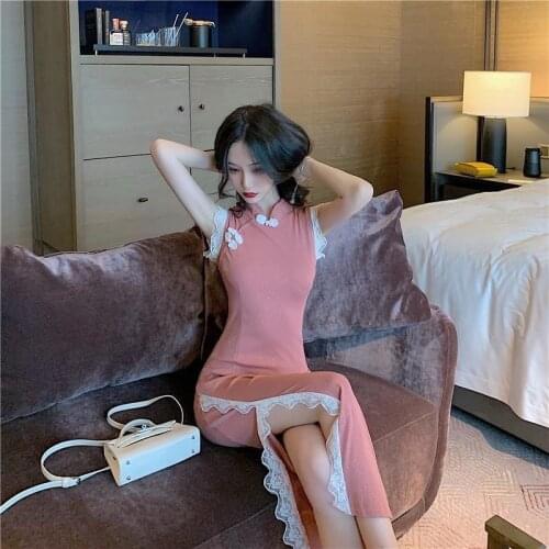 2021 Summer Improved Cheongsam Female Ancient Hanfu Retro Chinese Style Dress Pink Sleeveless Buckle Party Dresses Women Y759