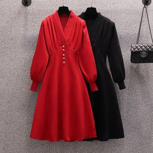 Fashion V Neck Lantern Sleeve Knit Dress Autumn Winter 2021 Design Korean High Waist Sweater Dress Midi Plus Size Jumper M241