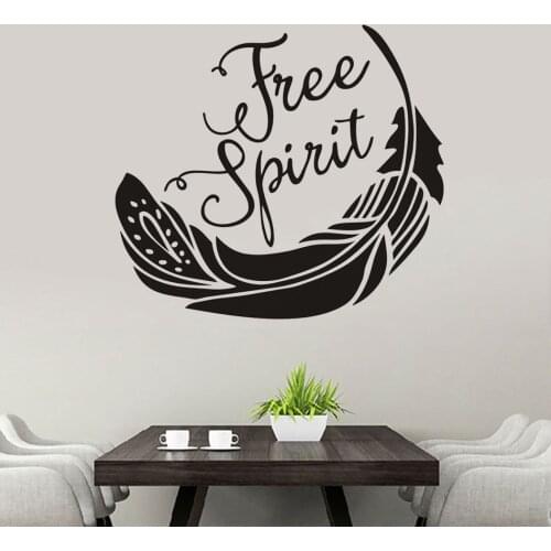Flying Feather Design Wall Stricker Free Spirit Lettering Wall Decals Home Bedroom Decoration Freedom Style Wallpaper AZ494