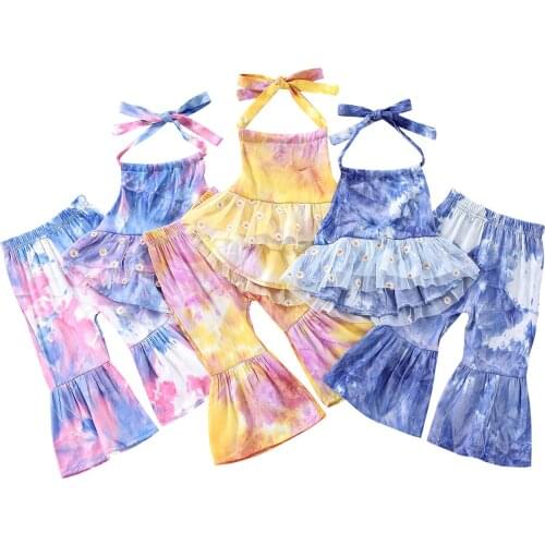 New Children Tie-dye Clothes Set, Girls Sleeveless Backless Halter Tops + Flared Trousers